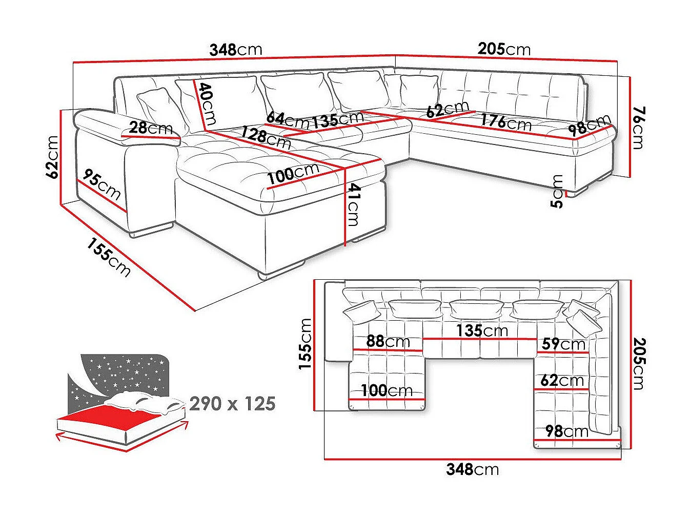 Sofá rinconero Comfivo 180, De color marrón claro, Función de descanso, 348x205x76cm