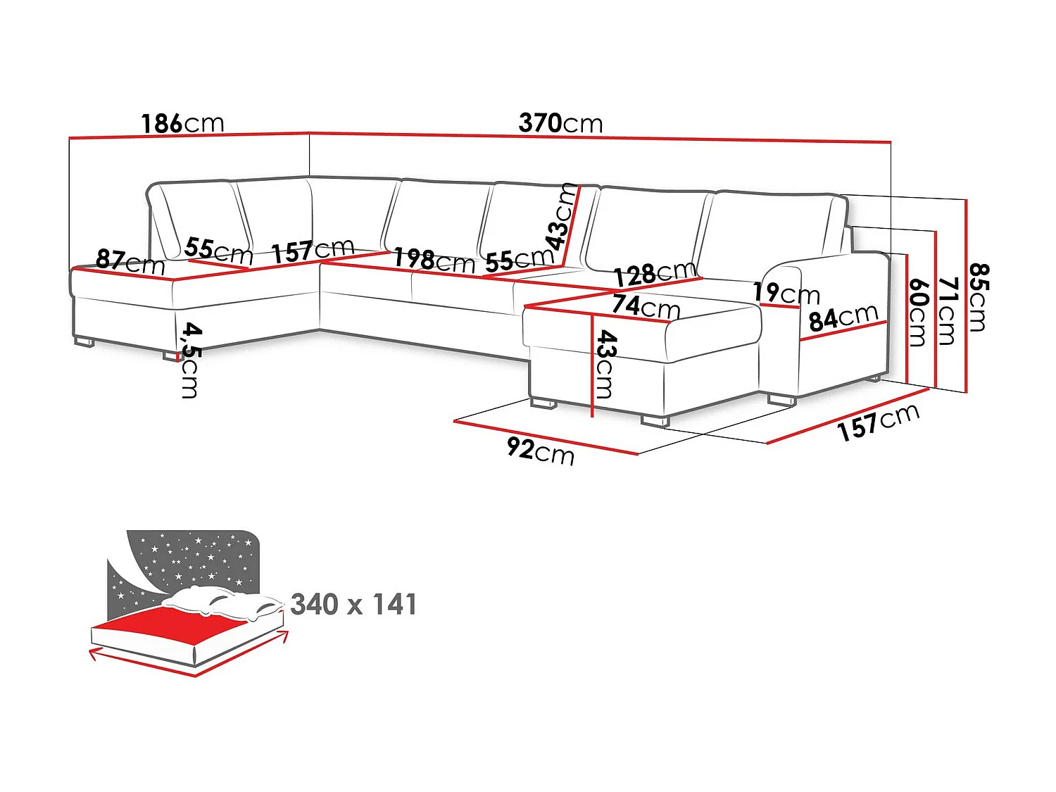 Canapé d'angle Comfivo 191, Blanc, Fonction de couchage, Boîte de literie, 370x186x85cm