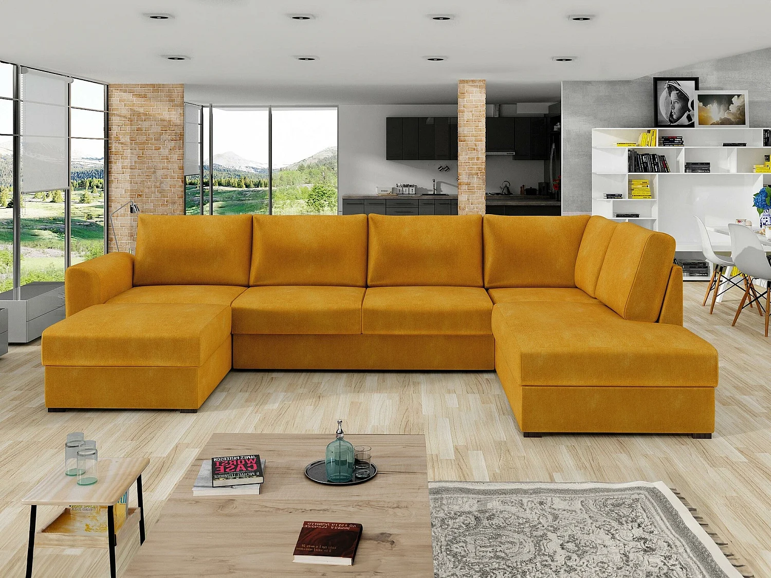 Sofá rinconero Comfivo Flumen, Amarillo, Función de descanso, Almacenaje, 305x188x85cm