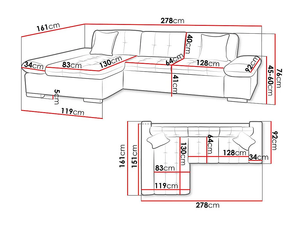 Sofá rinconero Comfivo 219, Gris, 278x161x76cm