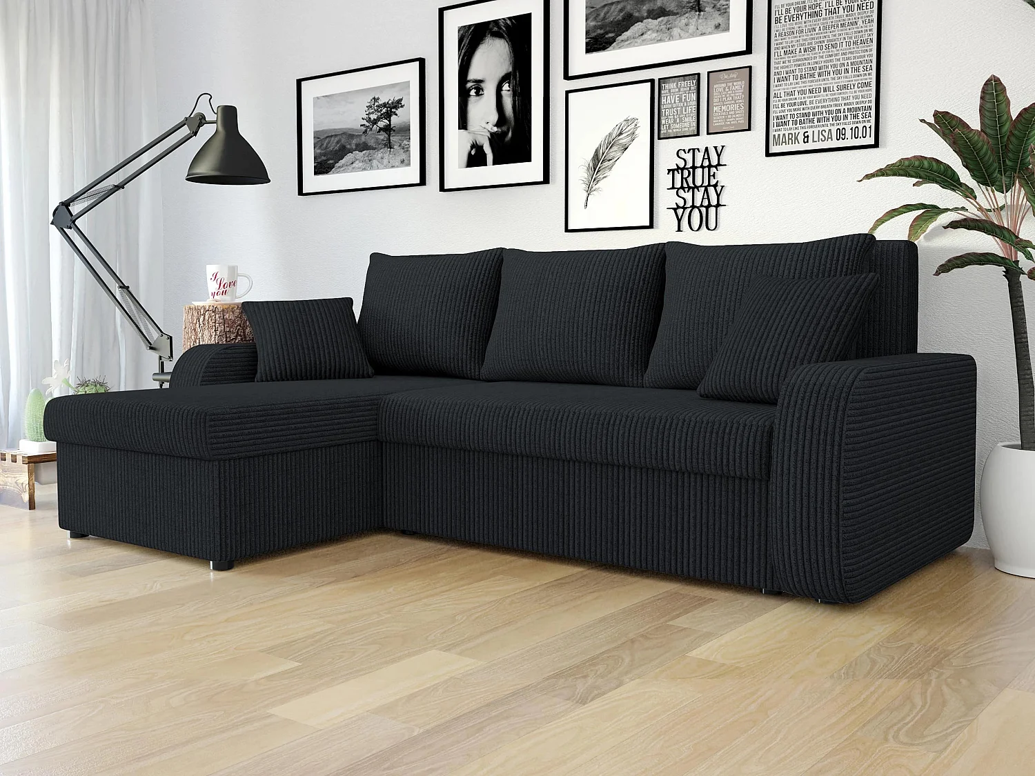 Sofá rinconero Comfivo Melissa I, Negro, Función de descanso, Almacenaje, 238x147x80cm