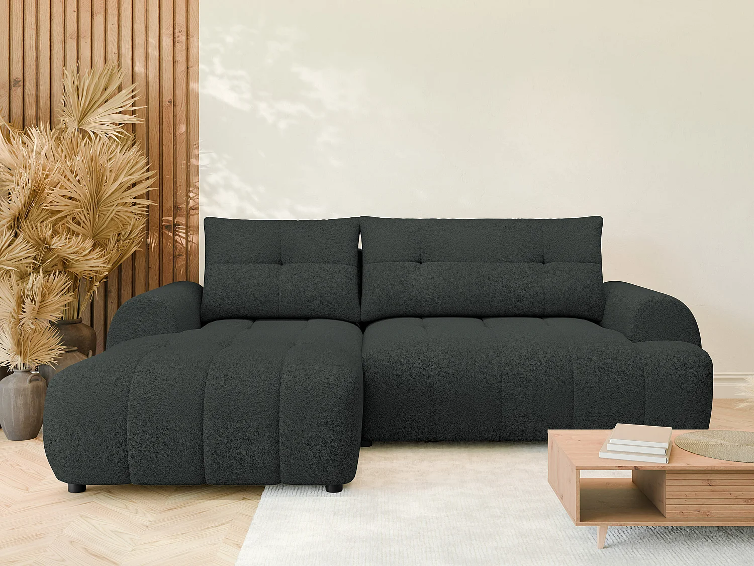 Canapé d'angle TrendyNest 104, Gris, Fonction de couchage, Boîte de literie, 265x177x93cm