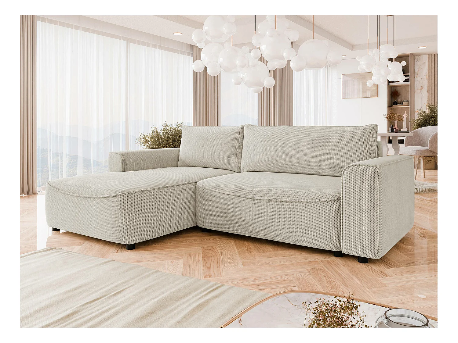 Sofá rinconero TrendyNest 105, De color marrón claro, Función de descanso, Almacenaje,