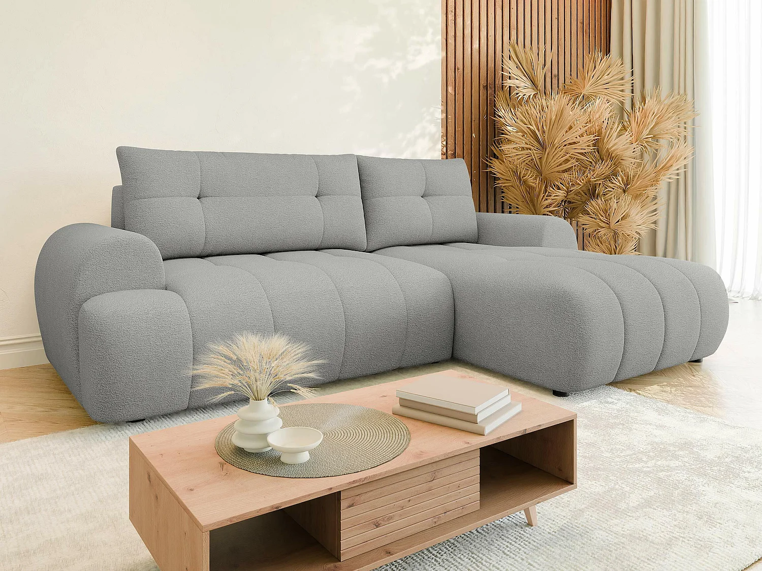 Sofá rinconero TrendyNest 104, Gris, Función de descanso, Almacenaje, 265x177x93cm