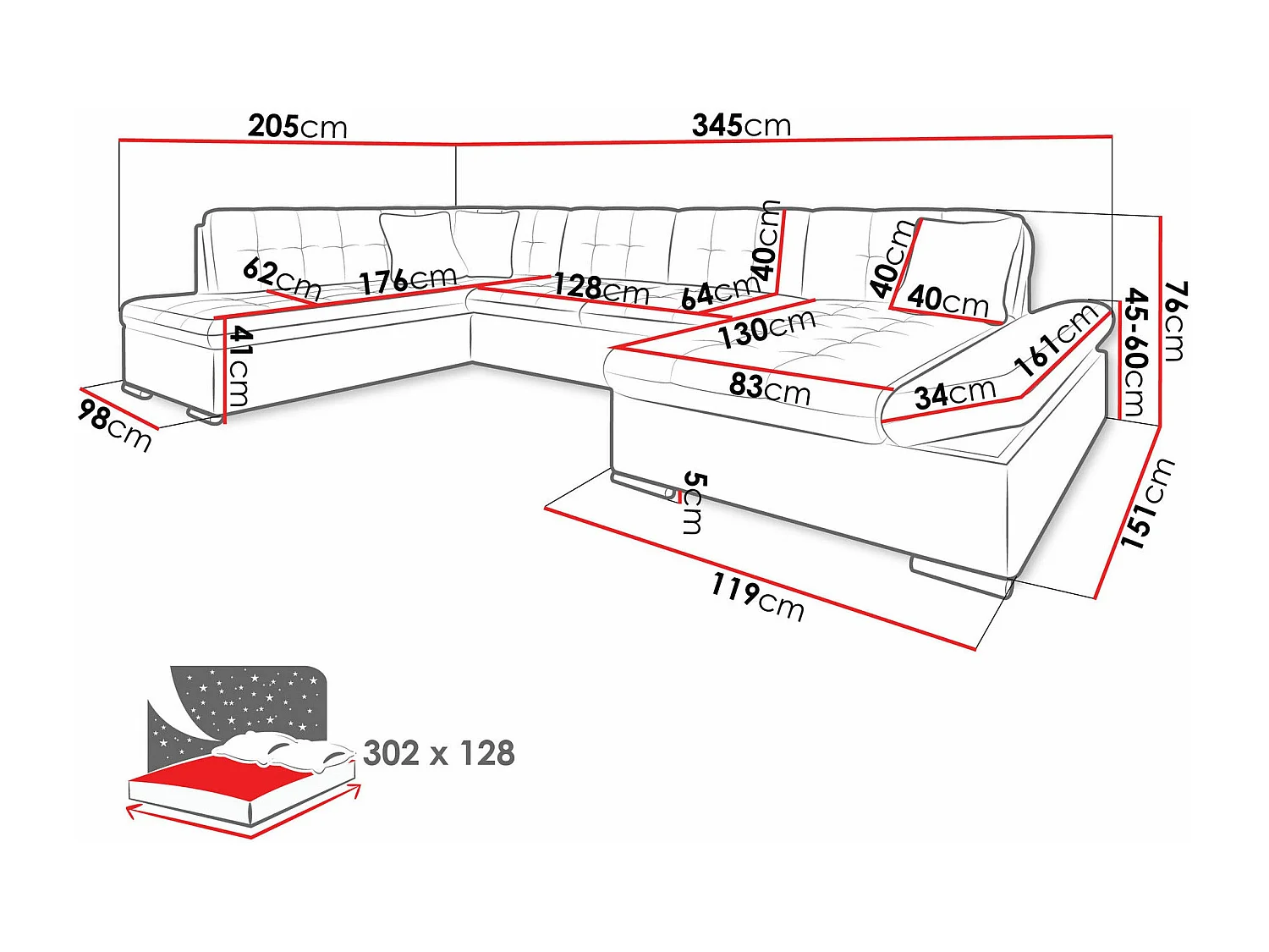 Sofá rinconero Comfivo 150, Gris, Función de descanso, Almacenaje, 345x205x76cm