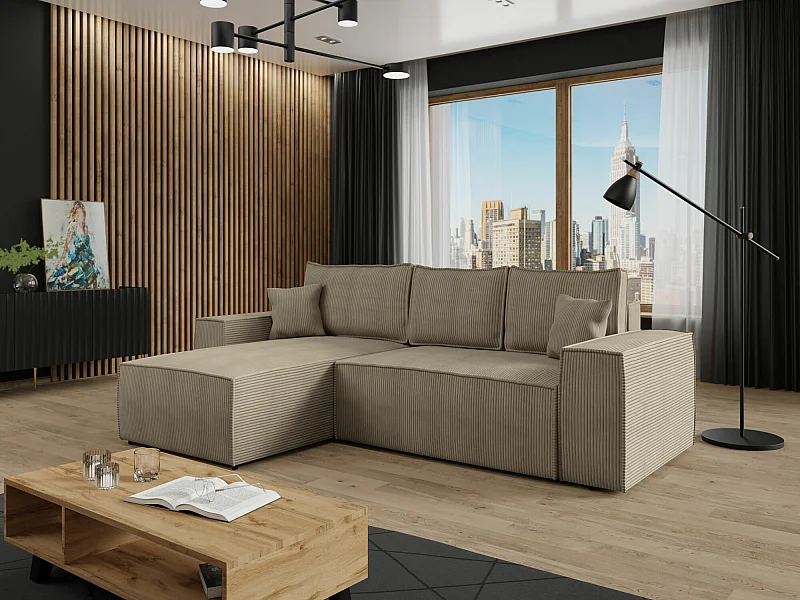 Sofá de canto Clovis 108, Castanho claro, Funcionalidade de dormir