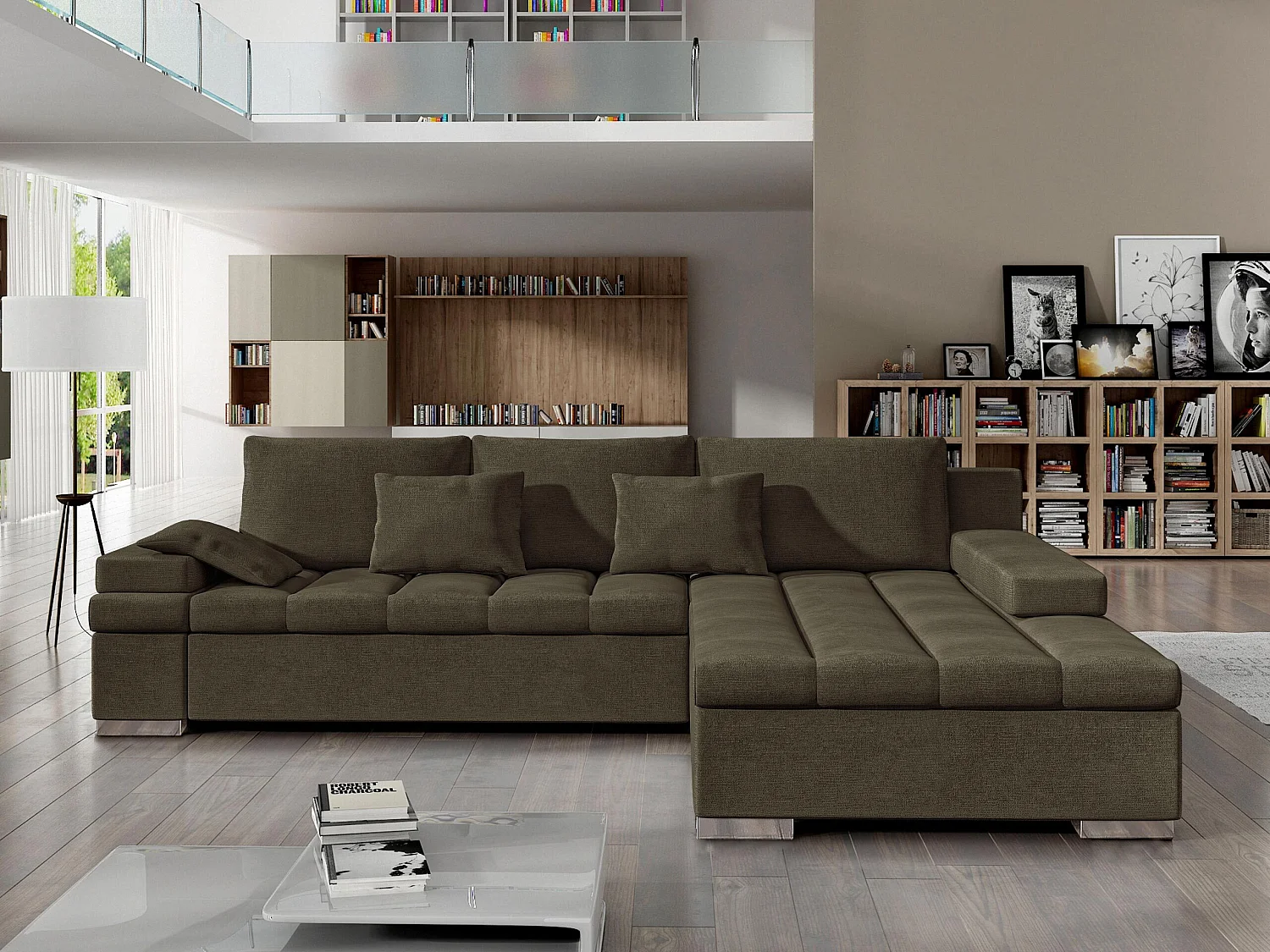Sofá rinconero Comfivo Olivetum II, Marrón, Función de descanso, Almacenaje, 310x175x83cm