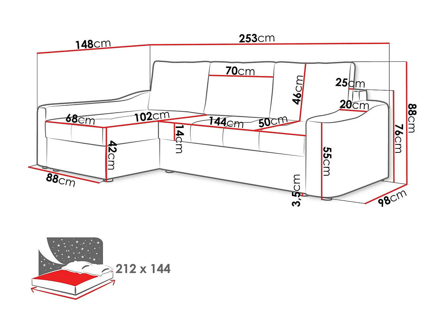 Sofá rinconero Rome 107, De color marrón claro, Función de descanso, Almacenaje, 253x88cm