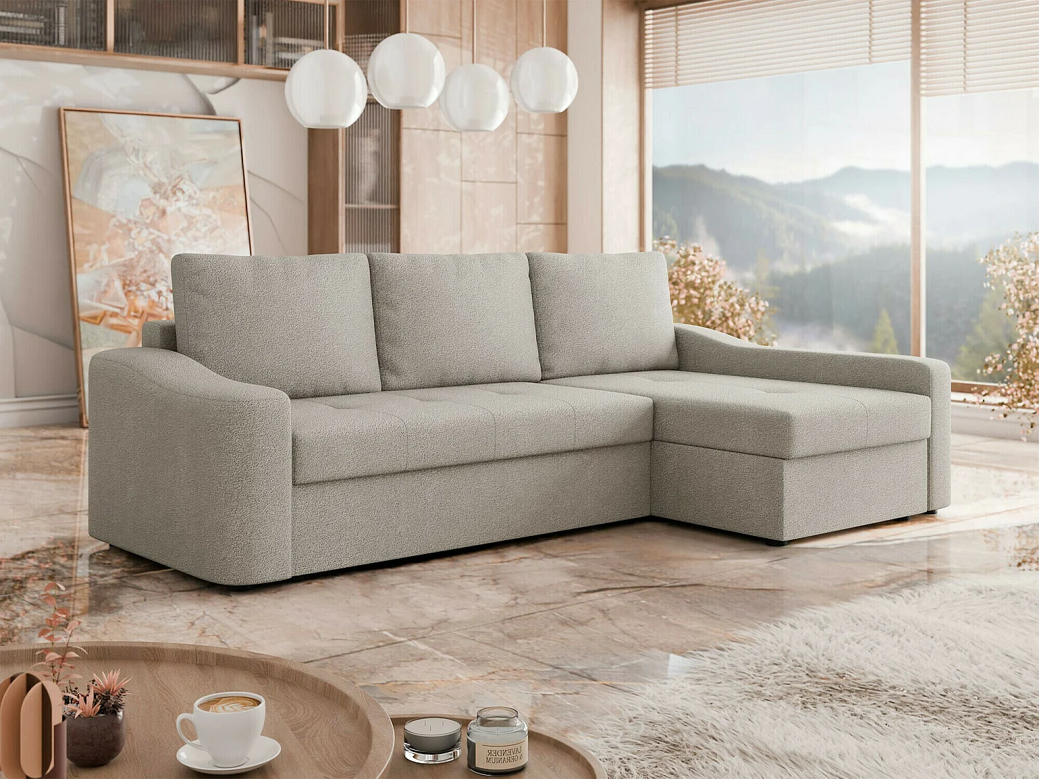 Sofá rinconero Rome 107, De color marrón claro, Función de descanso, Almacenaje, 253x88cm