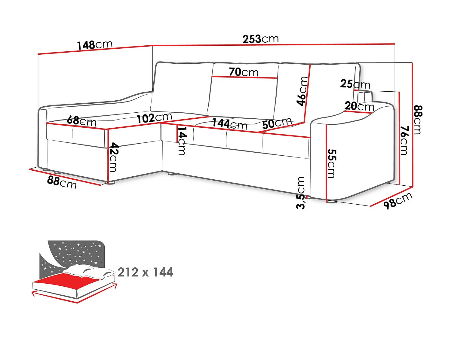 Sofá de canto Rome 107, Castanho claro, Funcionalidade de dormir
