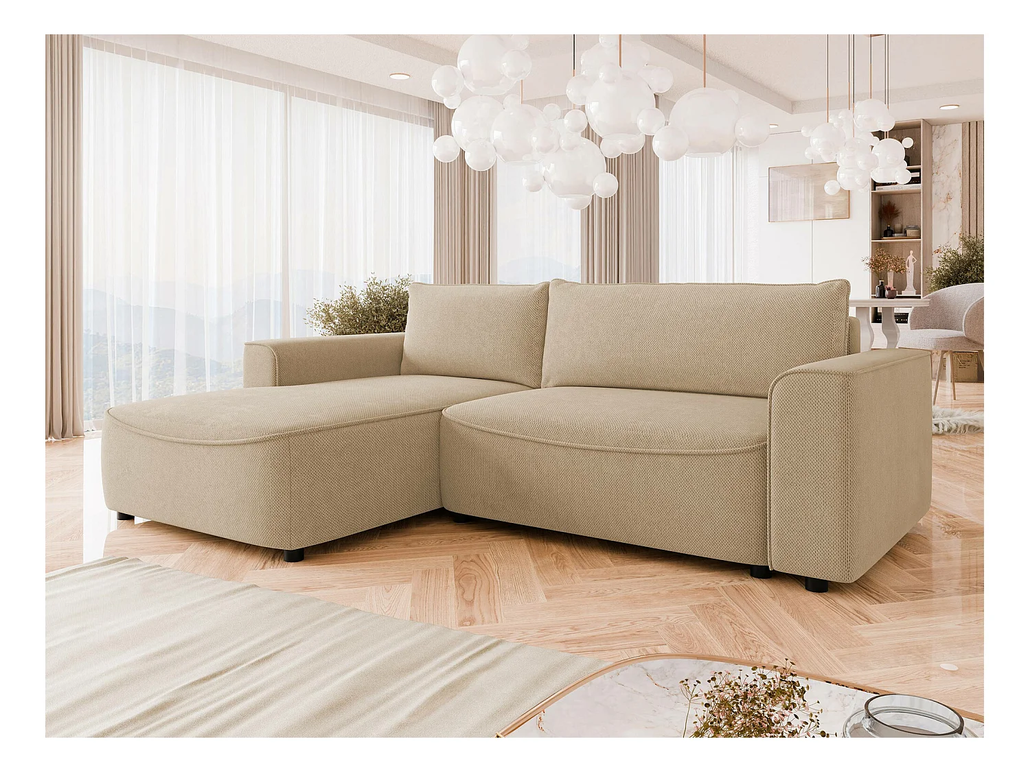 Sofá rinconero TrendyNest 105, De color marrón claro, Función de descanso, Almacenaje,