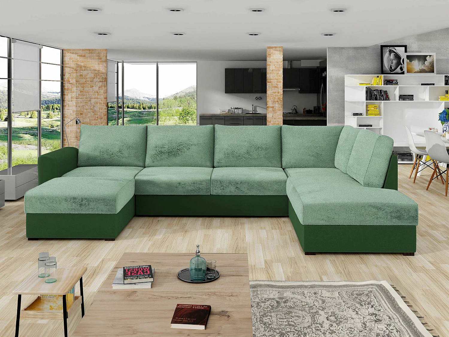 Sofá rinconero Comfivo 261, Turquesa, Función de descanso, Almacenaje, 305x188x85cm