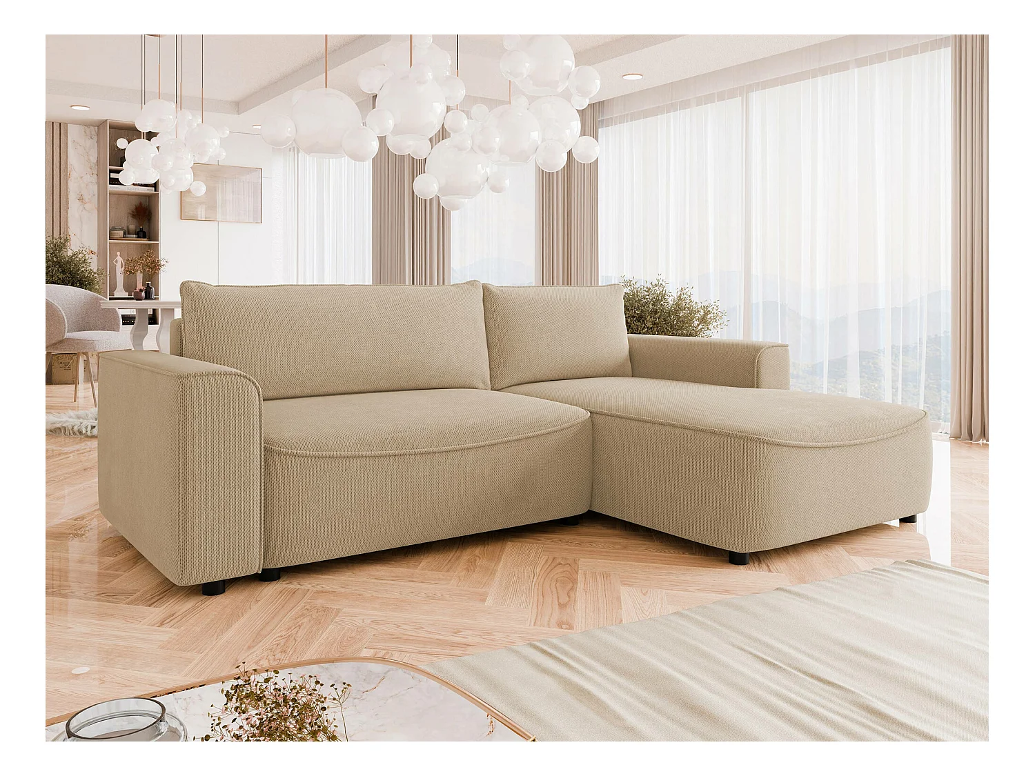 Sofá rinconero TrendyNest 105, De color marrón claro, Función de descanso, Almacenaje,