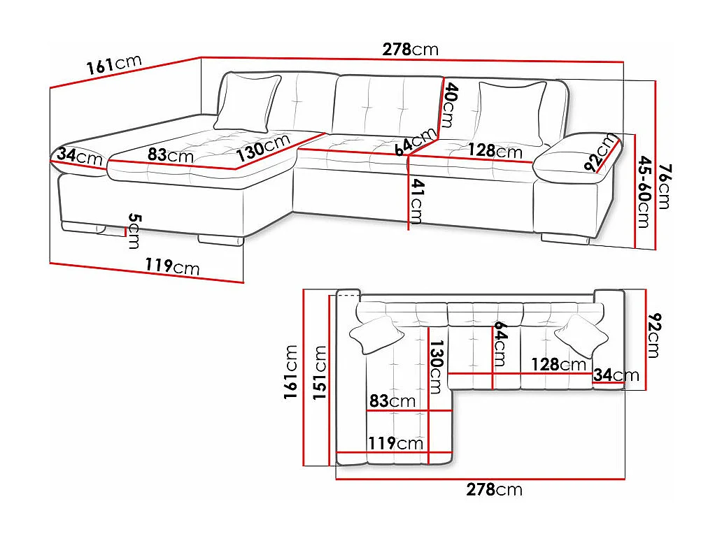 Sofá rinconero Comfivo 219, Gris, 278x161x76cm