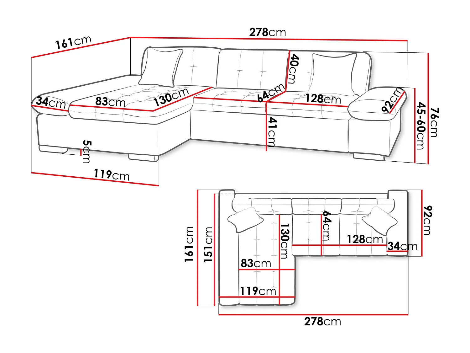 Canapé d'angle Comfivo Serenitas, Gris, 278x161x76cm