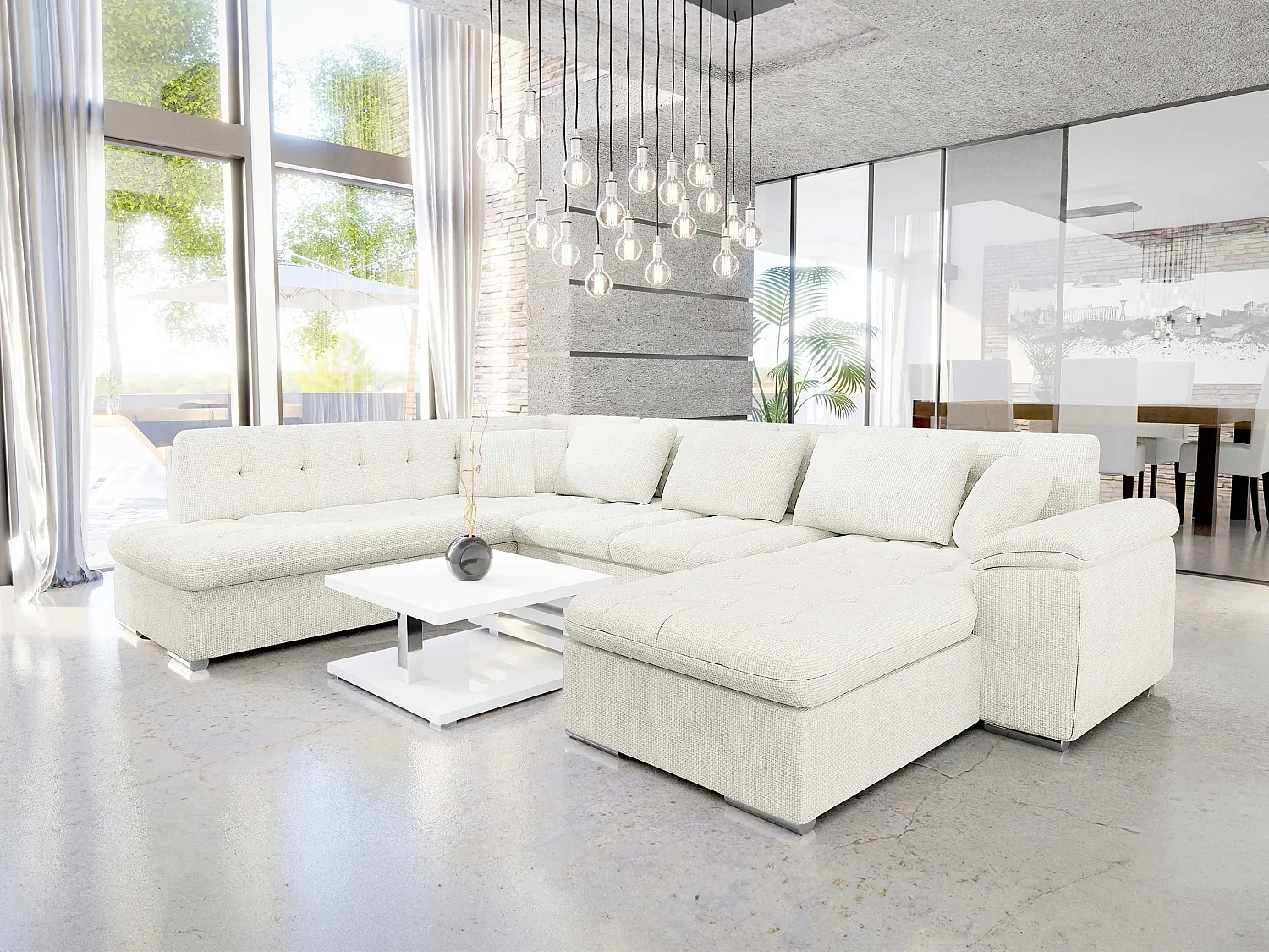Sofá rinconero Comfivo Gemma II, Blanco, Función de descanso, 348x205x76cm