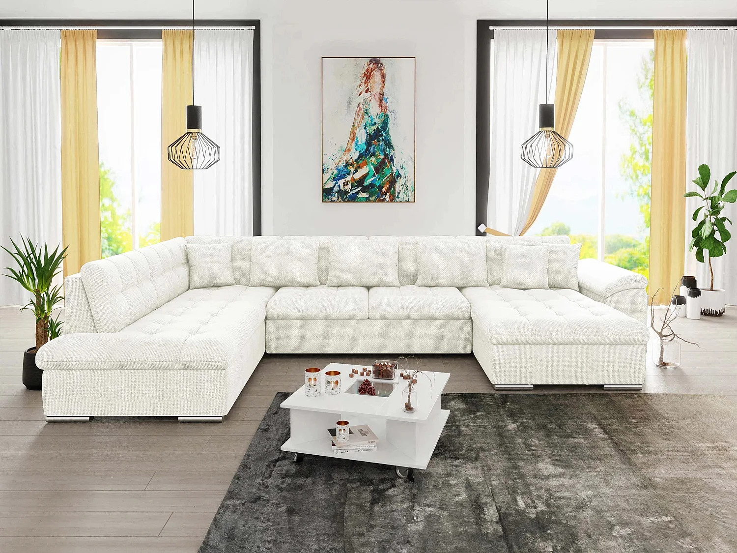 Canapé d'angle convertible 3 places en tissu brun 348x205x76 cm