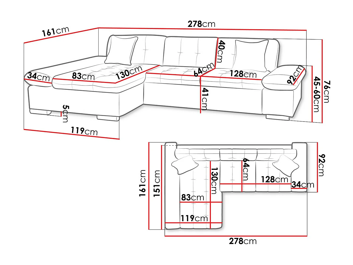 Sofá rinconero Comfivo 219, Gris, 278x161x76cm