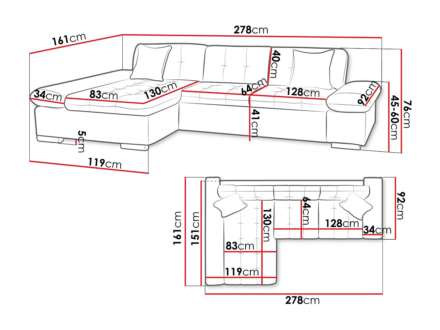 Canapé d'angle Comfivo Serenitas, Gris, 278x161x76cm