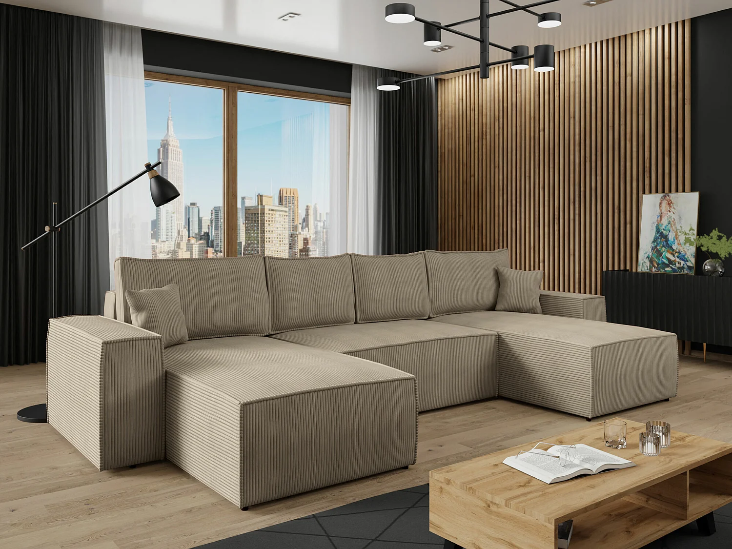 Canapé d'angle Clovis 109, Brun clair, Fonction de couchage, Boîte de literie, 370x174cm