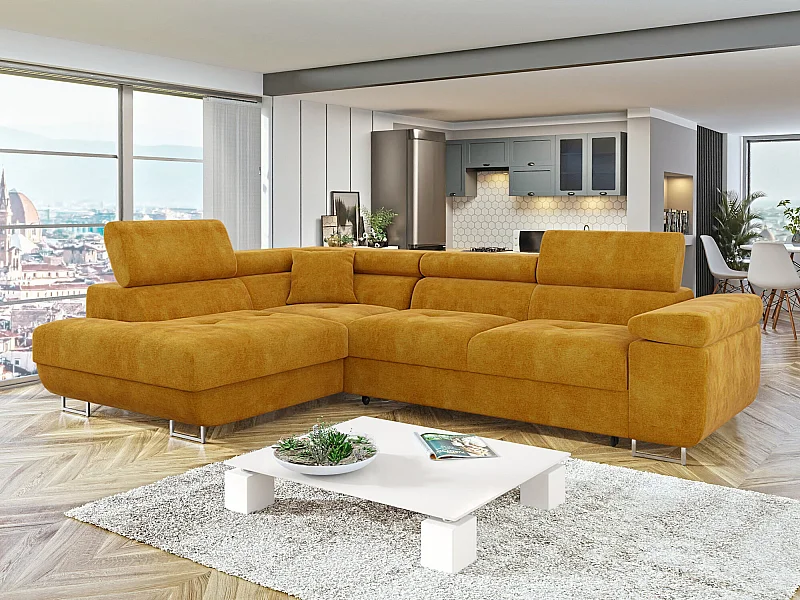 Canapé d'angle Comfivo Eliferu 100, Jaune, Fonction de couchage, Boîte de literie, 274cm