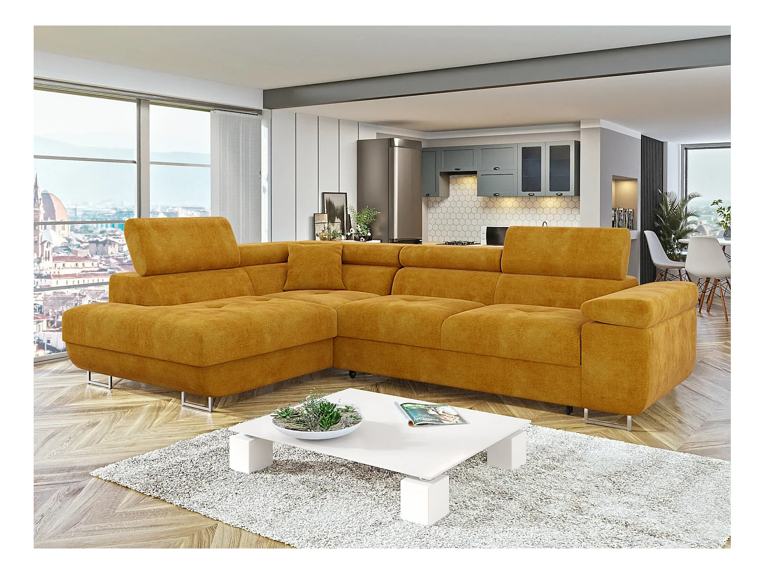 Canapé d'angle Comfivo Eliferu 100, Jaune, Fonction de couchage, Boîte de literie, 274cm