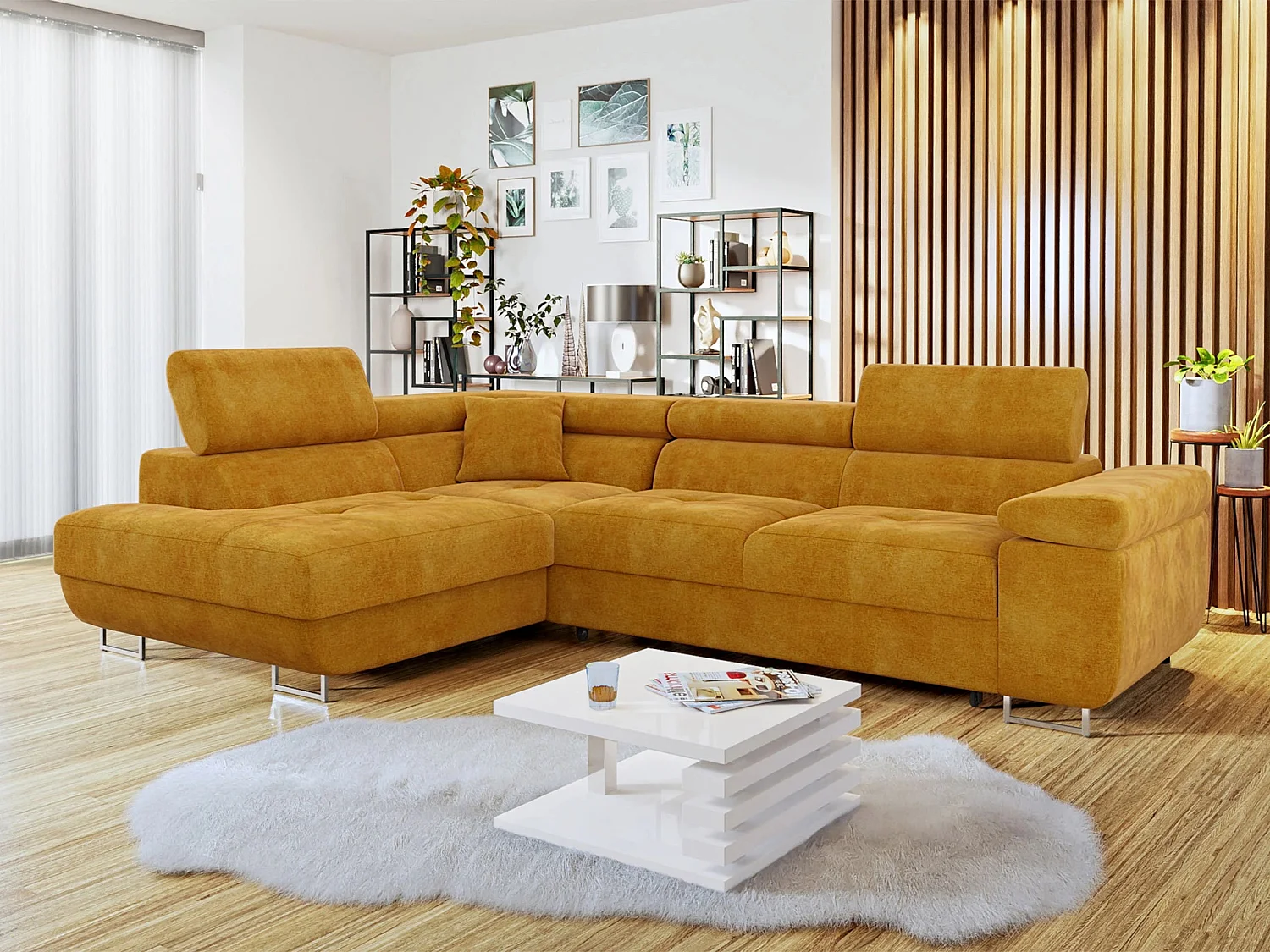 Sofá rinconero Comfivo Vinetum, Amarillo, Función de descanso, Almacenaje, 274x203x70cm