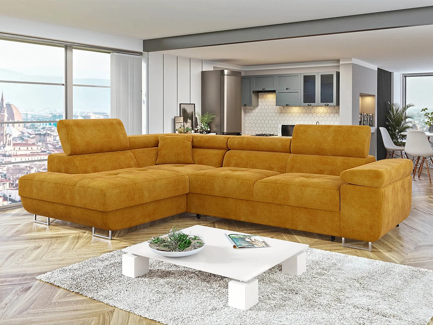 Canapé d'angle convertible 3 places en velours jaune 274x203x70 cm