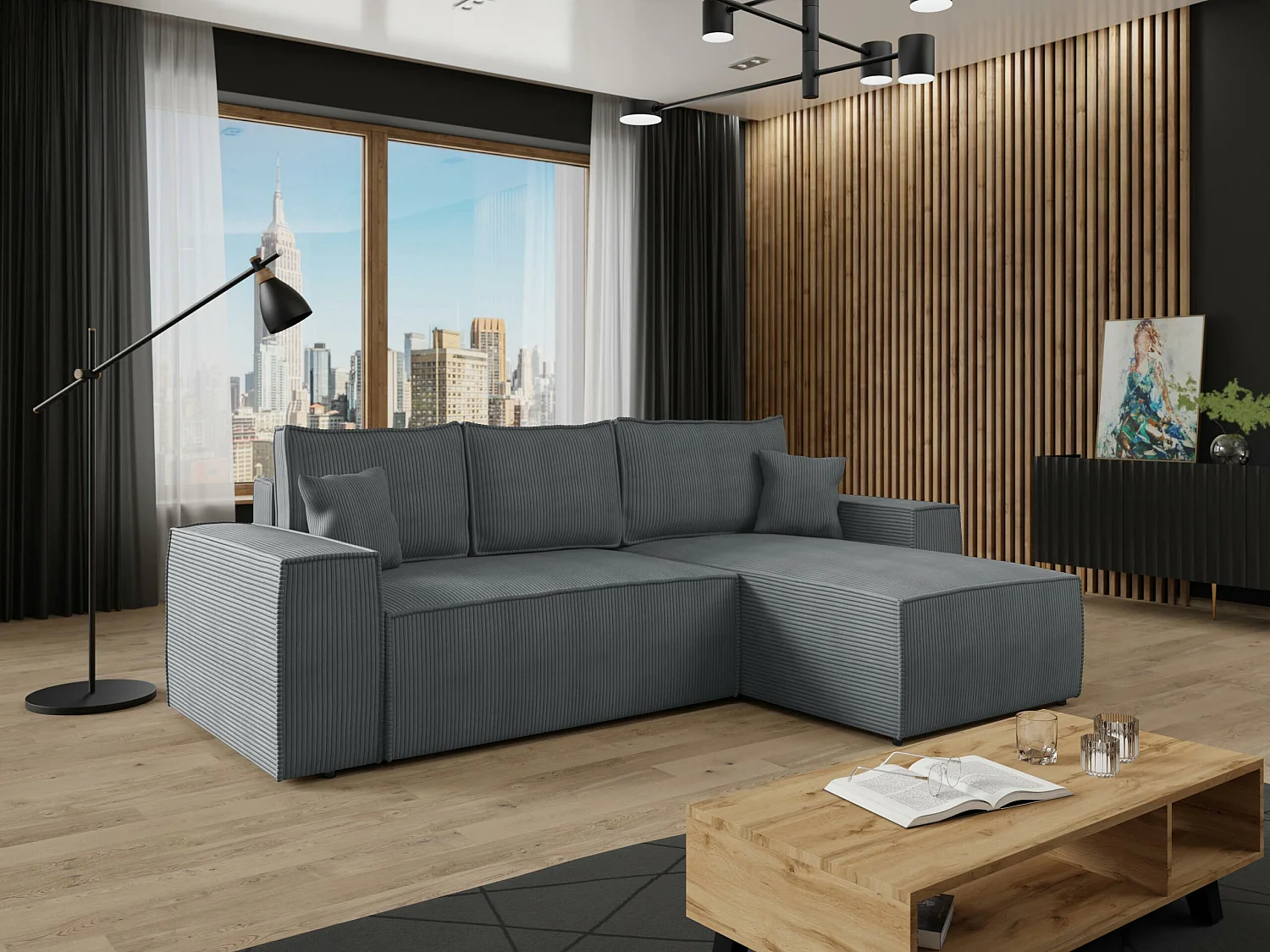 Sofá rinconero Clovis 108, Gris, Función de descanso, Almacenaje, 279x174x94cm