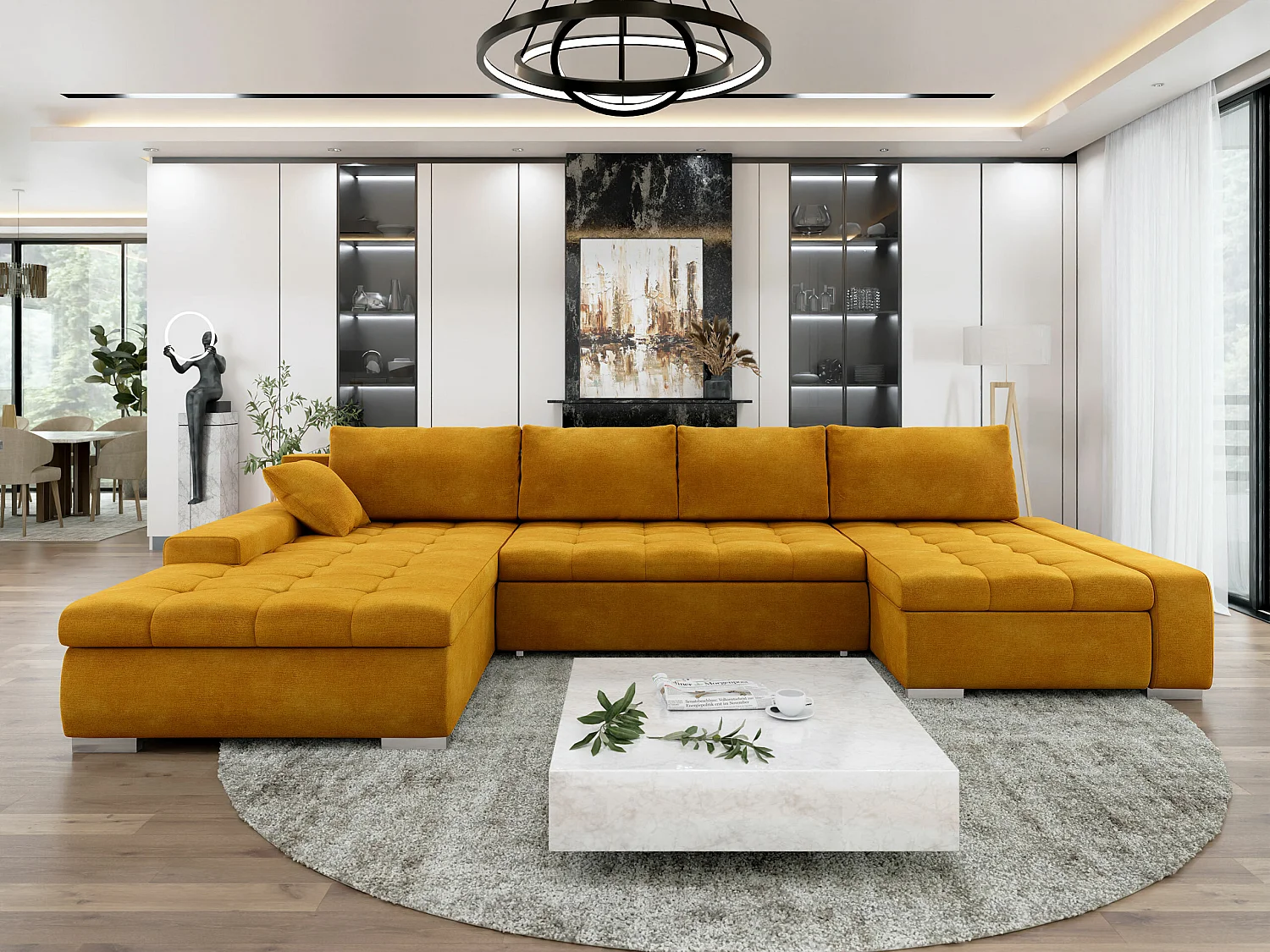 Sofá rinconero Comfivo Oliva, Amarillo, Función de descanso, Almacenaje, 394x213x80cm
