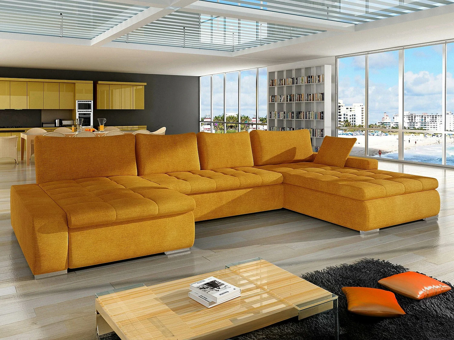 Sofá rinconero Comfivo Oliva, Amarillo, Función de descanso, Almacenaje, 394x213x80cm