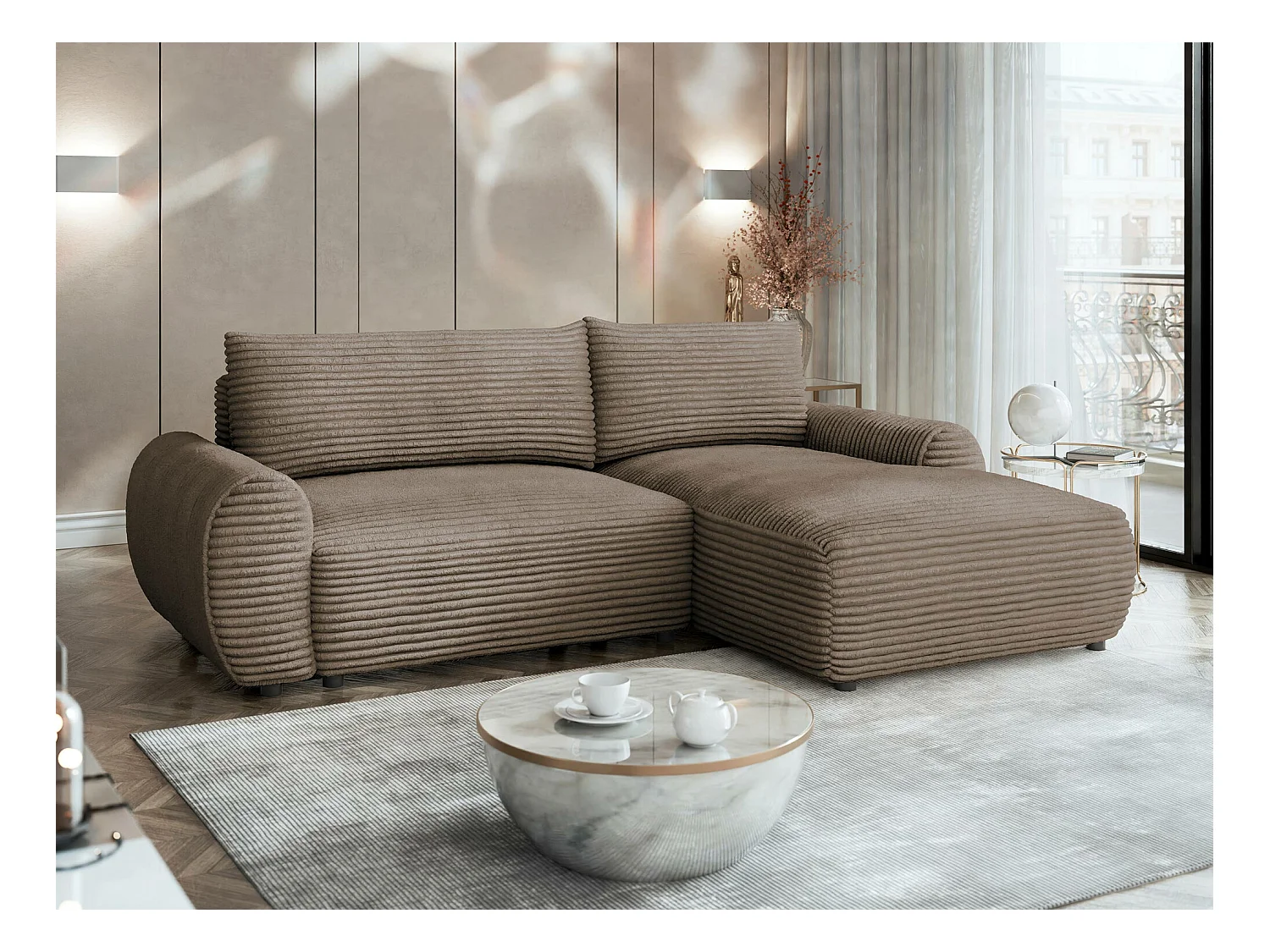 Sofá rinconero TrendyNest 103, De color marrón claro, Función de descanso, Almacenaje,