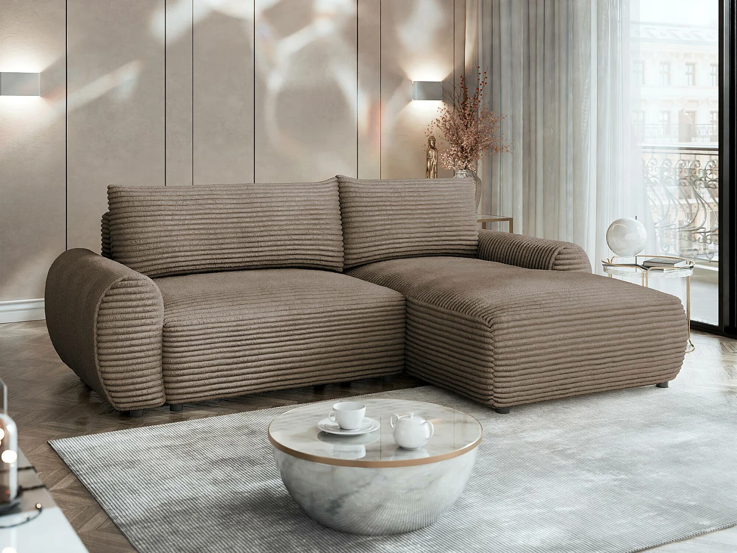 Canapé d'angle TrendyNest Strigina, Brun clair, Disponible, 267x177x93cm