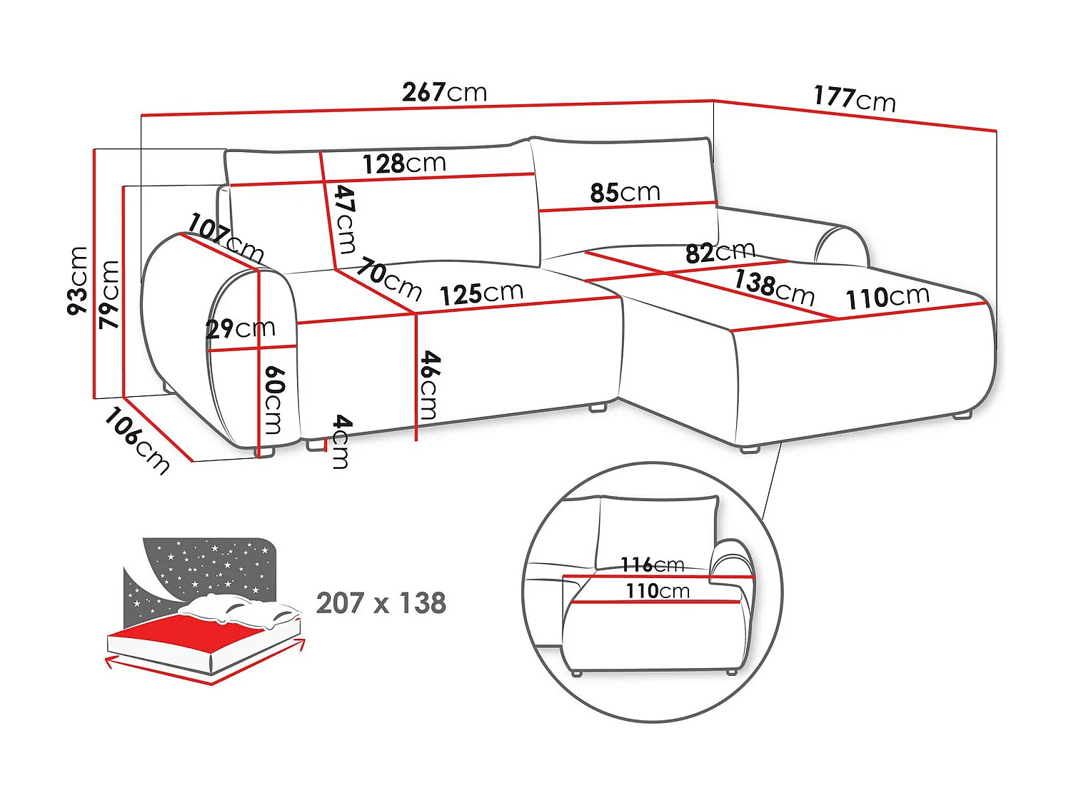 Canapé d'angle TrendyNest 103, Gris, Disponible, 267x177x93cm