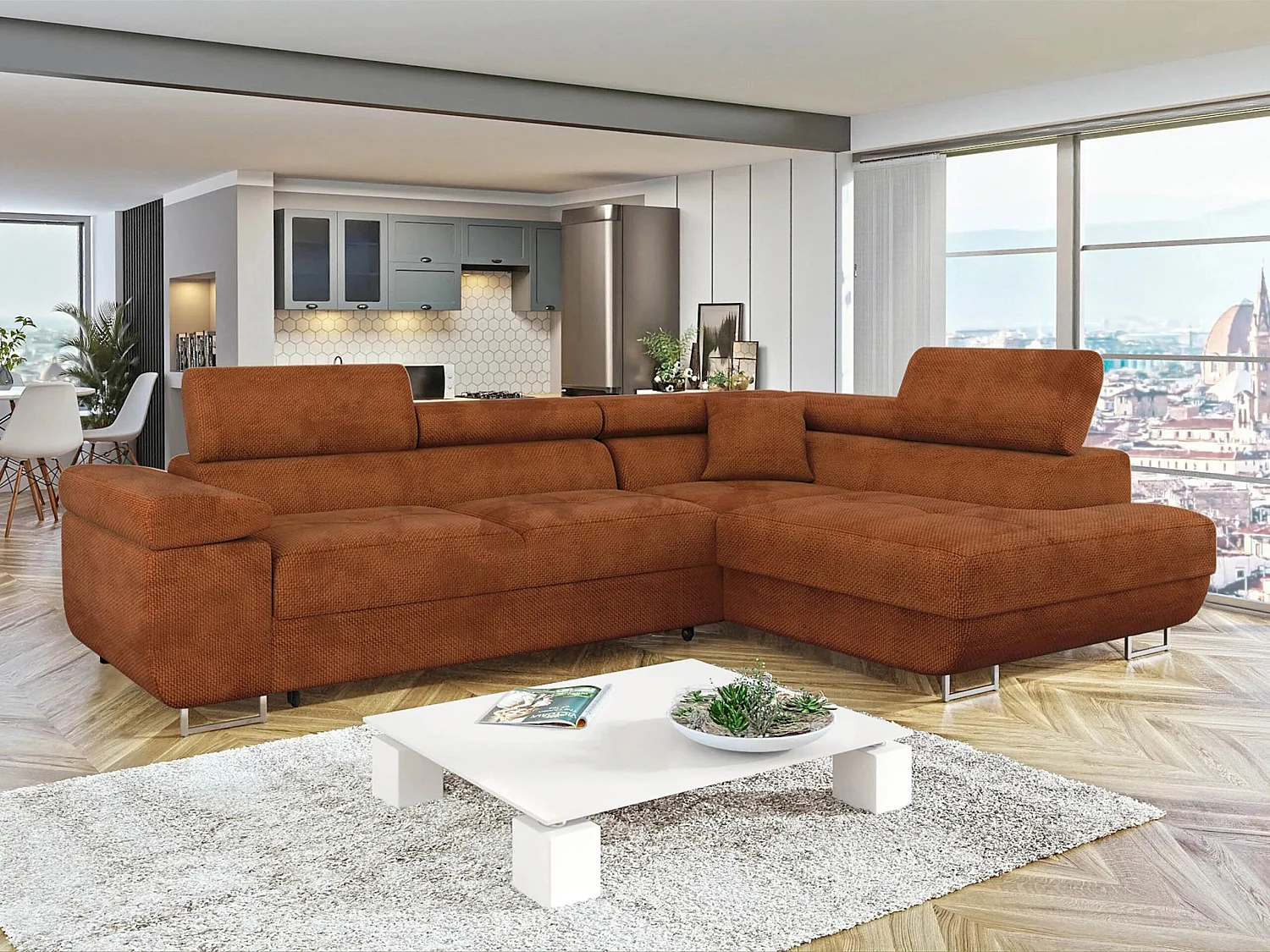 Canapé d'angle convertible 3 places en tissu rouge 274x203x70 cm