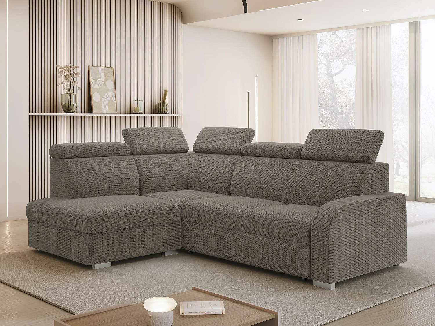 Sofá rinconero Ovos II, Marrón, Función de descanso, Almacenaje, 250x200x85cm