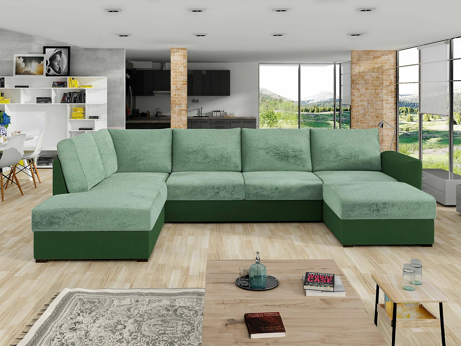 Canapé d'angle Comfivo 261, Turquoise, Fonction de couchage, Boîte de literie, 305x188cm