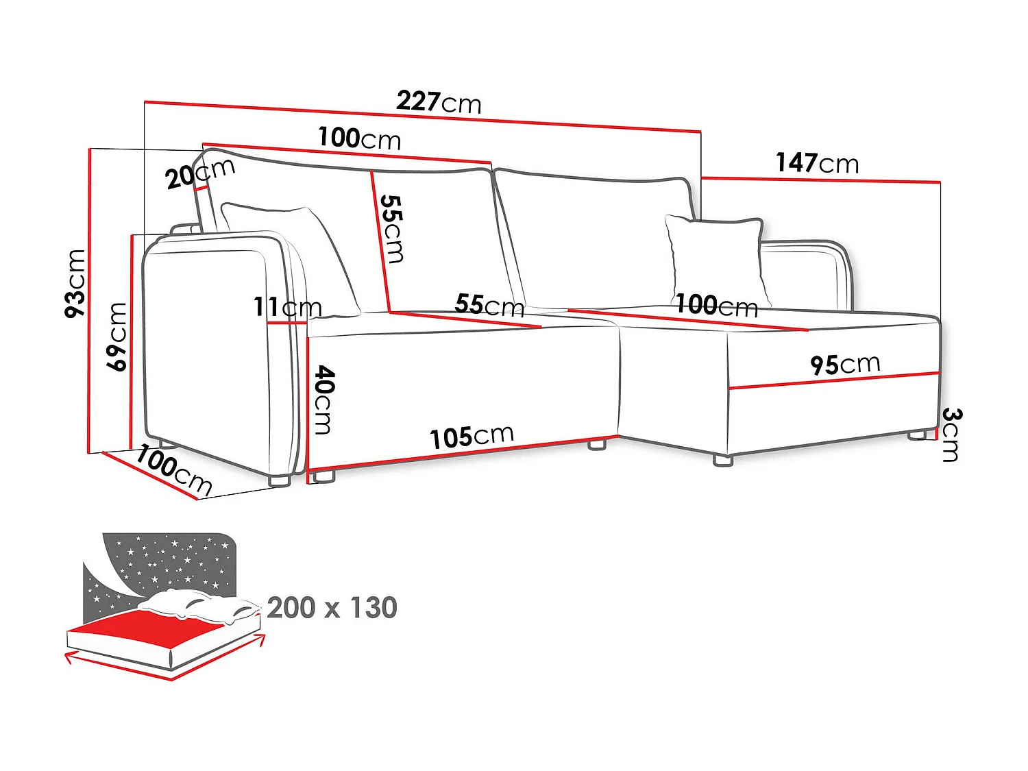 Canapé d'angle TrendyNest 111, Brun clair, Fonction de couchage, Boîte de literie, 227cm