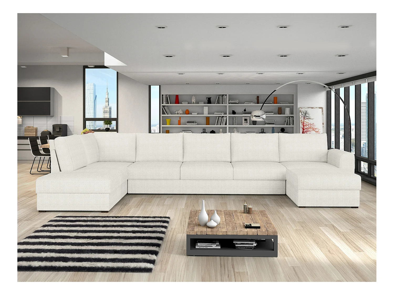 Canapé d'angle Comfivo 191, Blanc, Fonction de couchage, Boîte de literie, 370x186x85cm