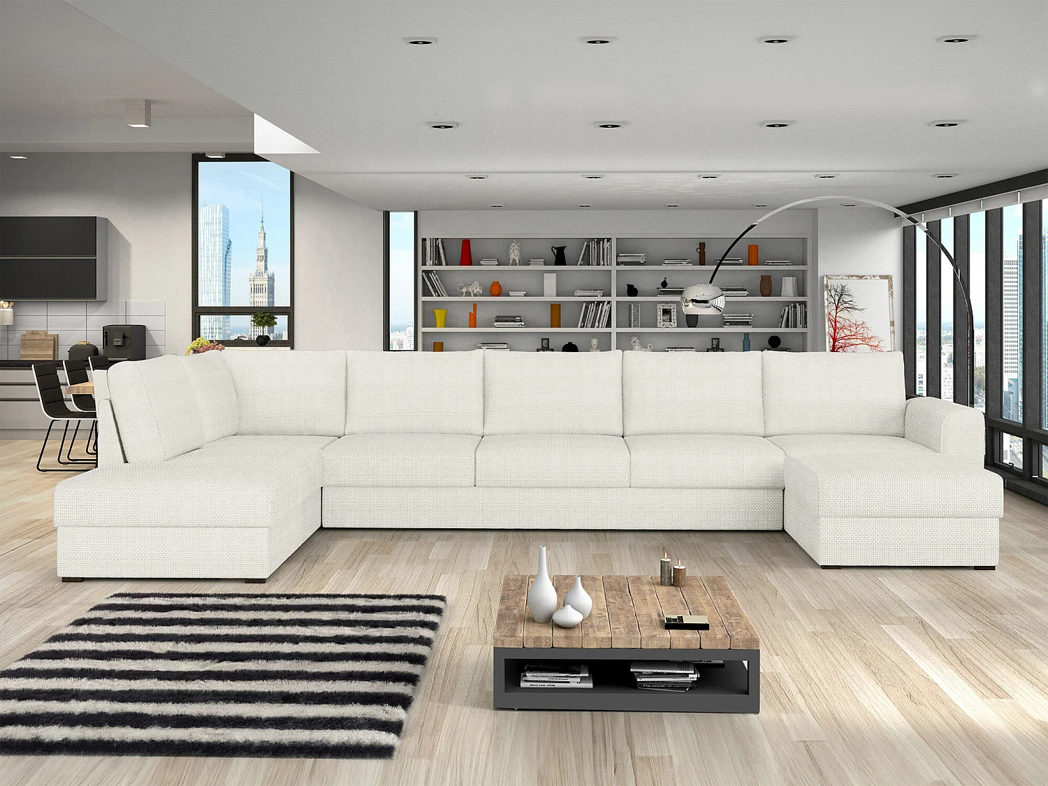 Sofá rinconero Comfivo Flumen I, Blanco, Función de descanso, Almacenaje, 370x186x85cm