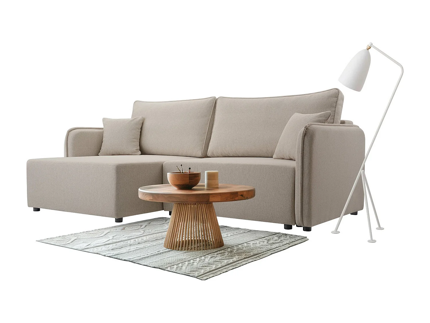 Canapé d'angle TrendyNest 111, Brun clair, Fonction de couchage, Boîte de literie, 227cm