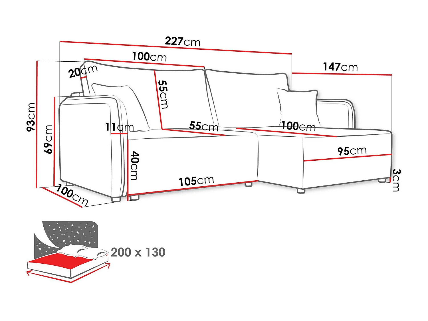 Canapé d'angle TrendyNest 111, Brun clair, Fonction de couchage, Boîte de literie, 227cm