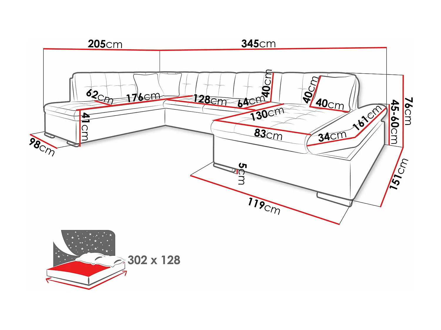 Sofá rinconero Comfivo 150, Gris, Función de descanso, Almacenaje, 345x205x76cm