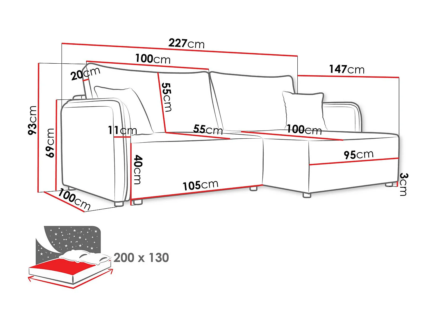 Canapé d'angle TrendyNest 111, Brun clair, Fonction de couchage, Boîte de literie, 227cm