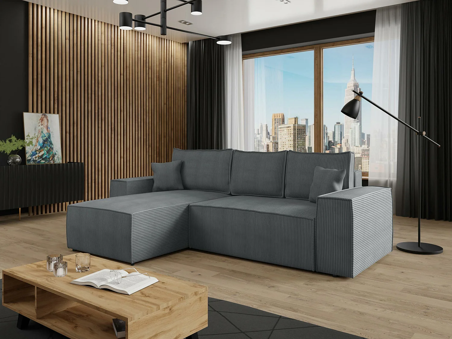 Sofá rinconero Clovis 108, Gris, Función de descanso, Almacenaje, 279x174x94cm