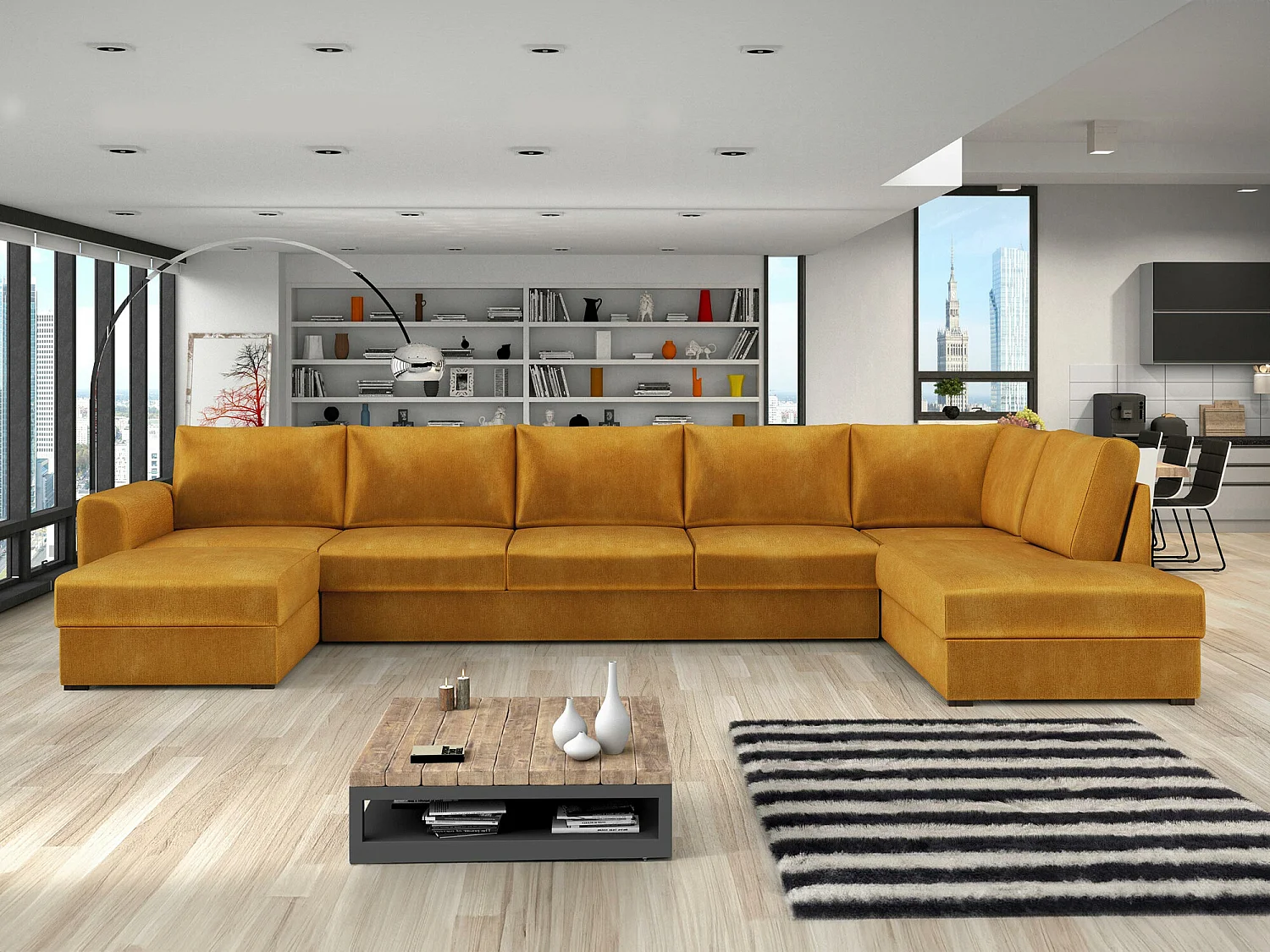 Sofá rinconero Comfivo Flumen I, Amarillo, Función de descanso, Almacenaje, 370x186x85cm