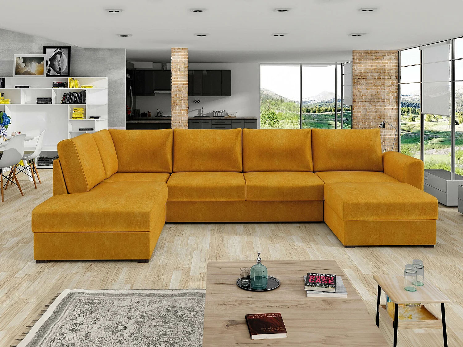 Sofá rinconero Comfivo Flumen, Amarillo, Función de descanso, Almacenaje, 305x188x85cm