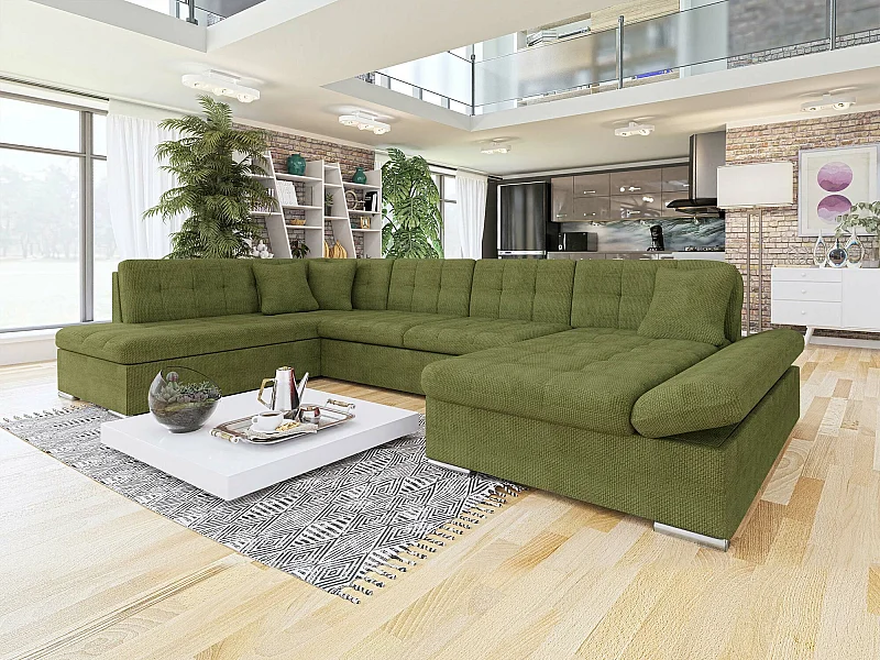 Sofá rinconero Comfivo 150, Verde, Función de descanso, Almacenaje, 345x205x76cm