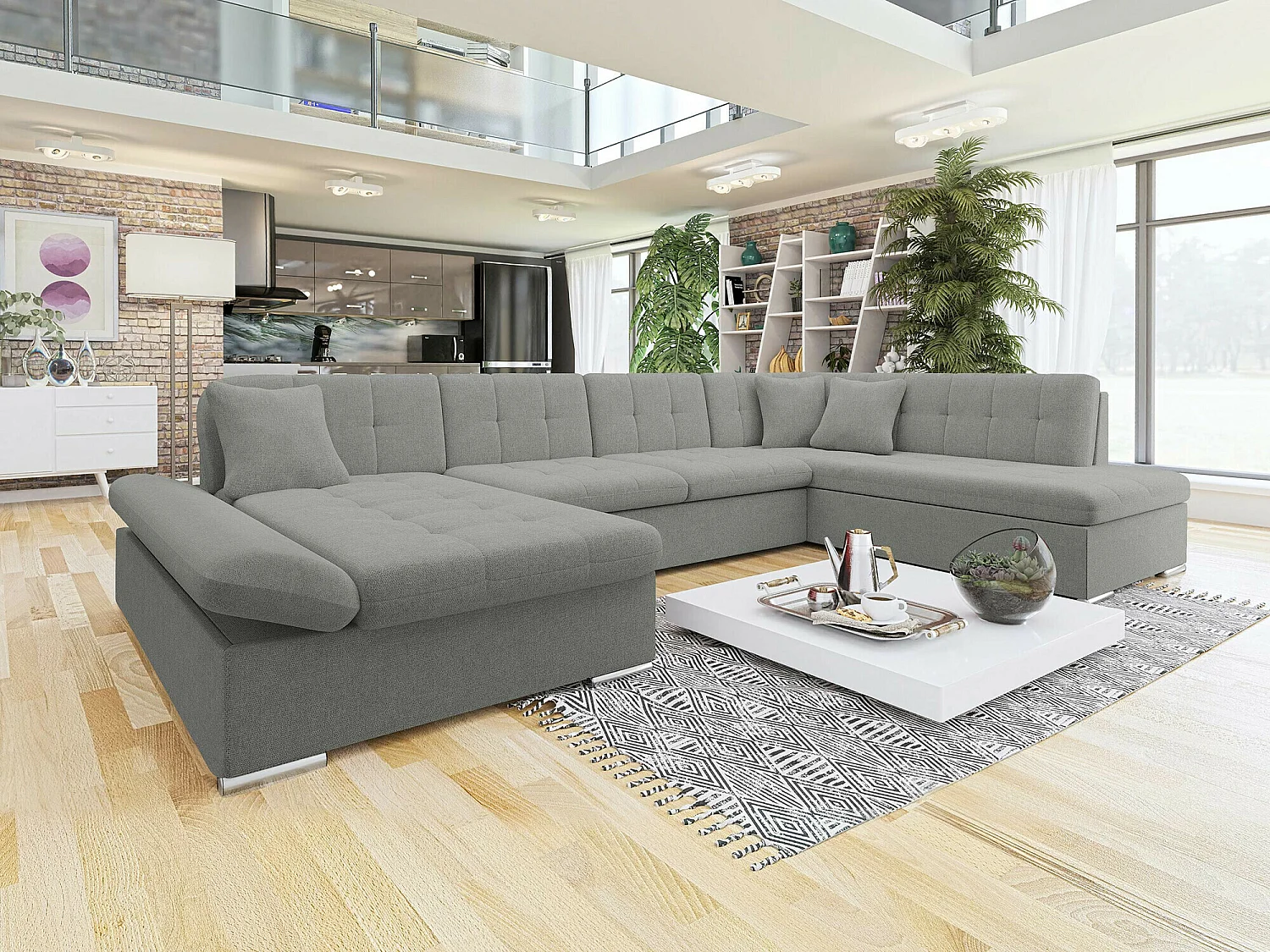 Sofá rinconero Comfivo 150, Gris, Función de descanso, Almacenaje, 345x205x76cm