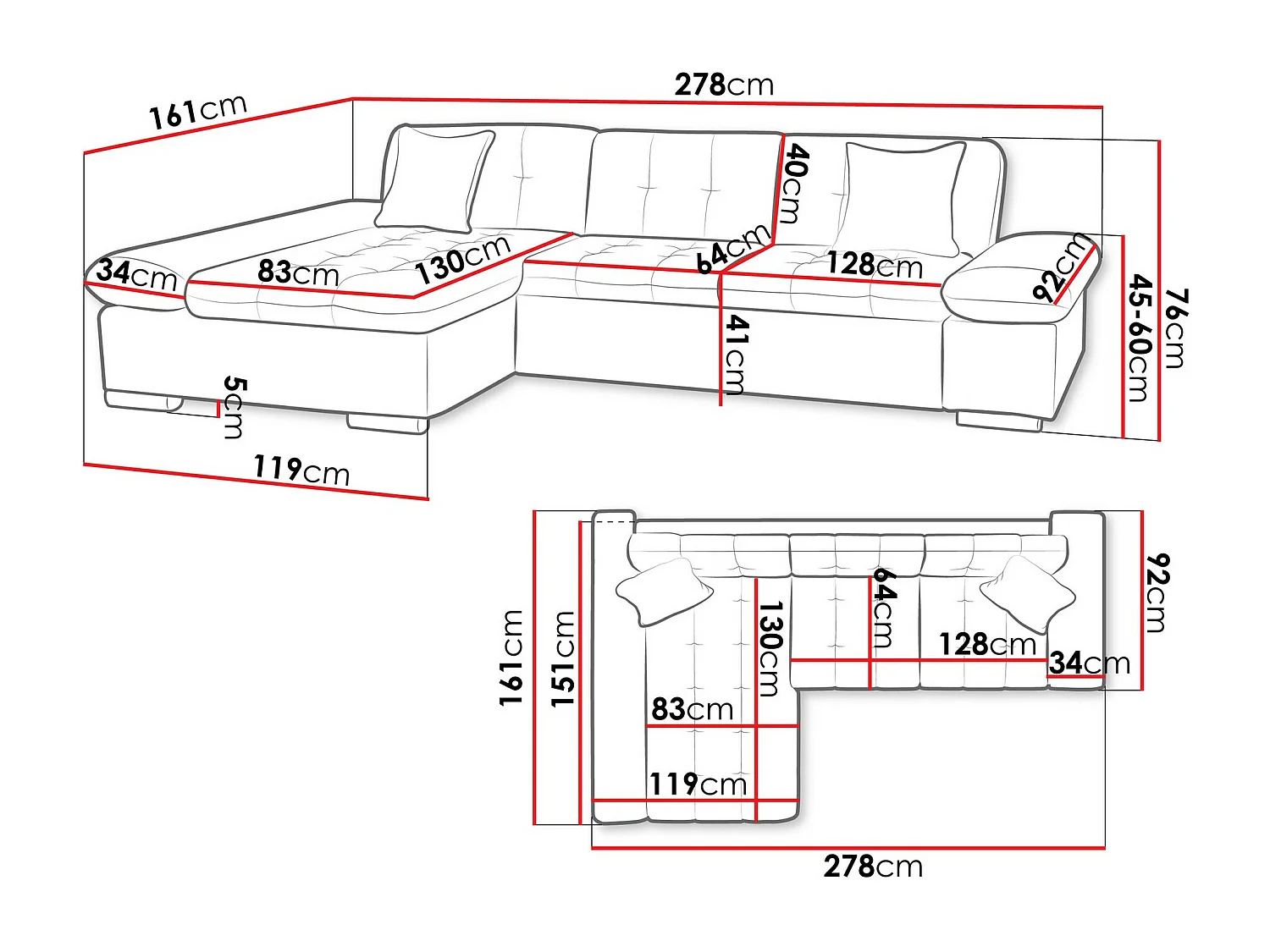 Divano angolare Comfivo 219, Grigio, Senza, 278x161x76cm